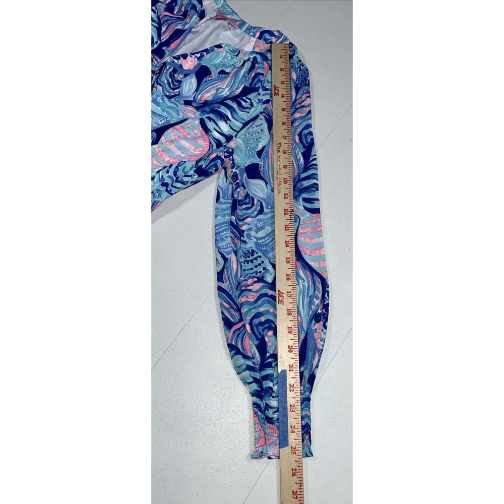 Lilly Pulitzer Brynle Dress Twilight Blue Gold Buttons Smocked Sleeves Womens XS
